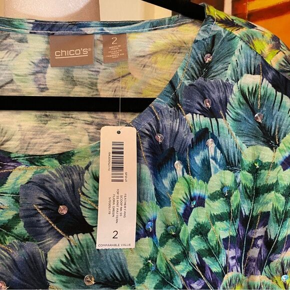 CHICO’S SCOOP NECK SLEEVELESS TOP FEATHER FANS PATTERN FLORAL PURPLE GREEN L NWT - Picture 7 of 12